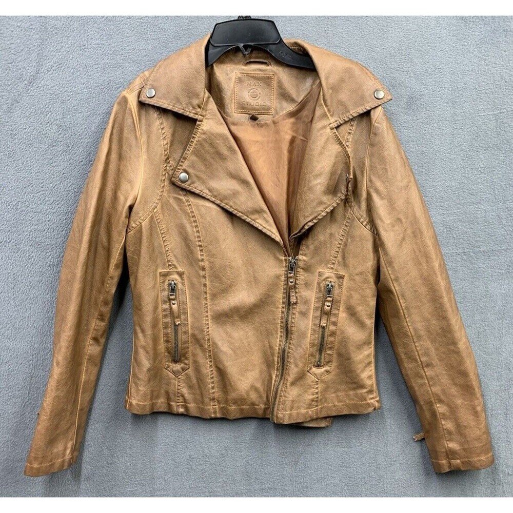 Max Studio Women’s Faux Leather Jacket Size M Brown Full Zip Moto Crop Rock Edgy
